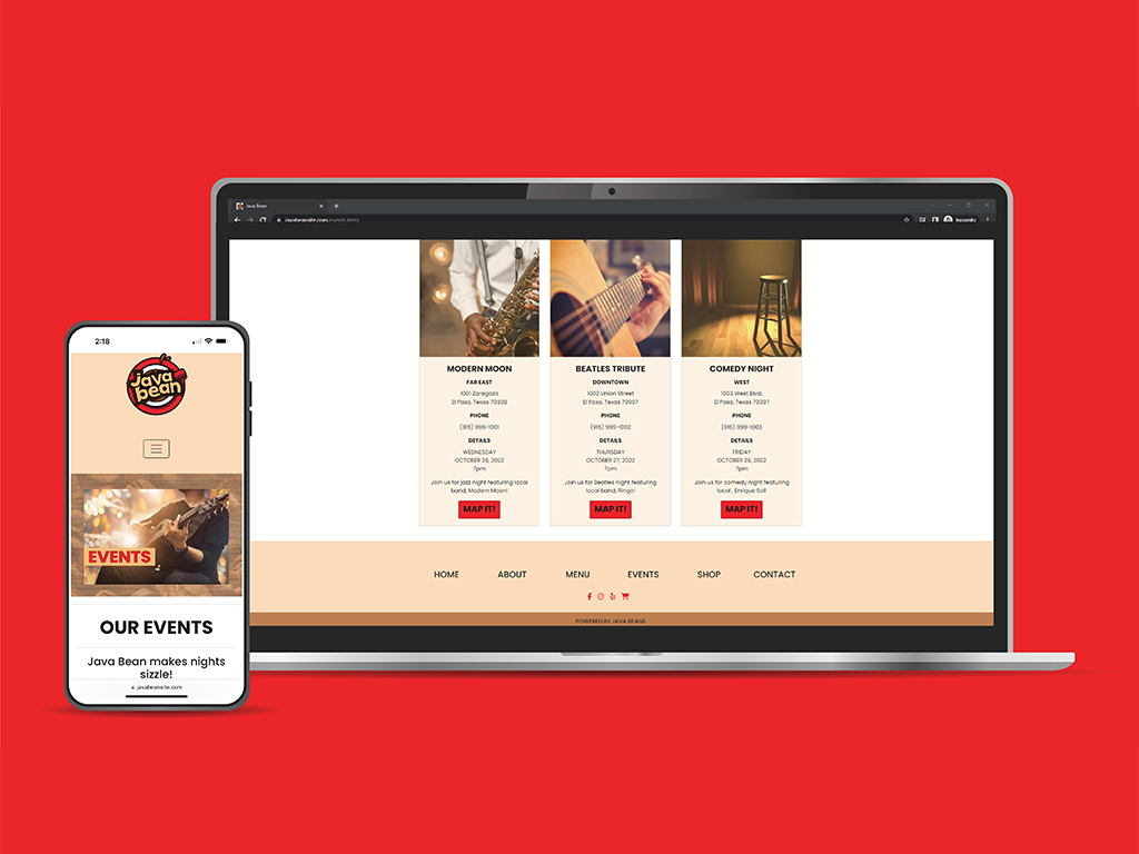 Java Bean Events Page Mock-Up