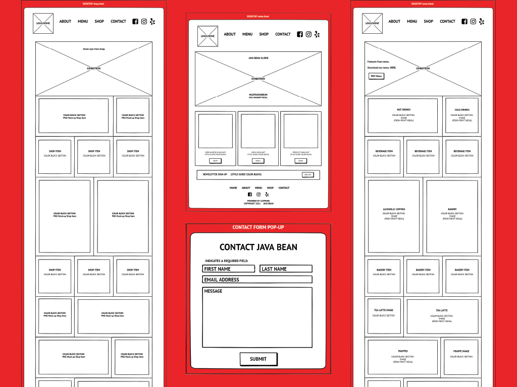 Java Bean Preliminary Wireframes