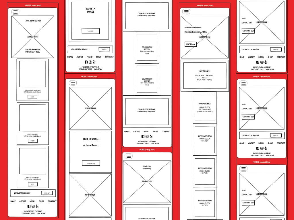 Java Bean Preliminary Wireframes Mobile